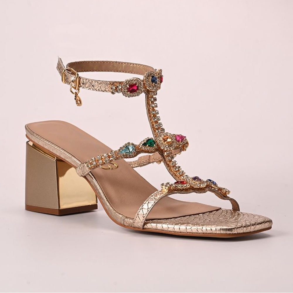 Radiant Gold Sandal with Colorful Crystal Embellishments and Polished Block Heel